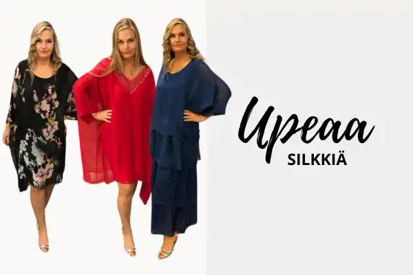 Kolme tyylikästä mekkoa mustassa kukkakuosissa, punaisena ja tummansinisena, joissa on virtaavat siluetit.