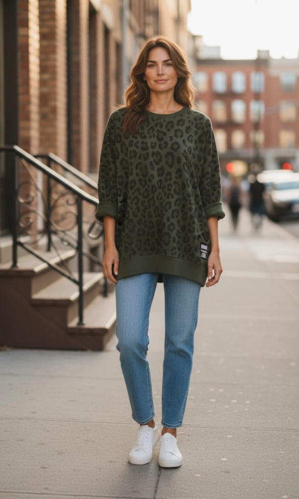 Trendikäs vihreä leopardicollege taskuilla