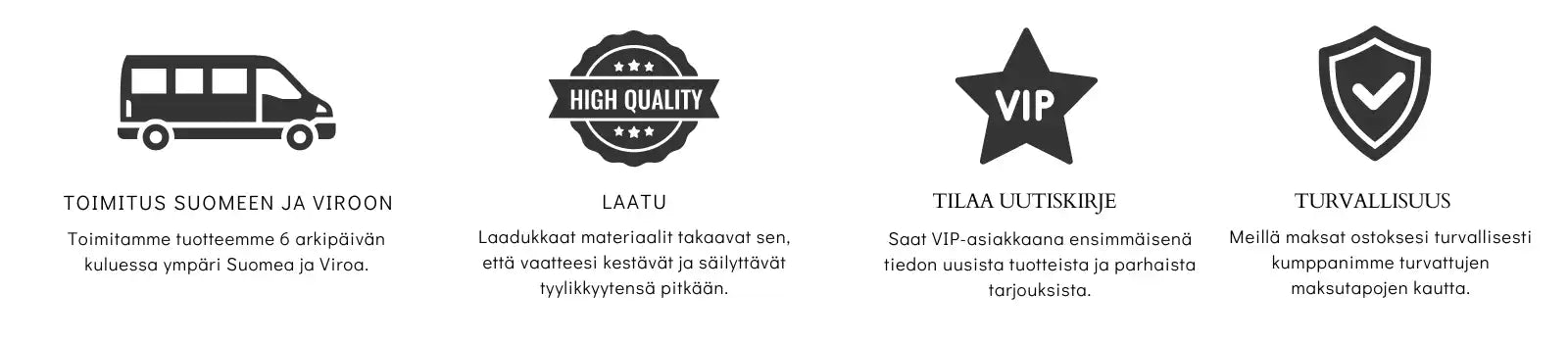Neljä yksinkertaista mustaa ikonia, jotka esittävät bussia, pyöreää logoa, tähteä ja kilpeä, järjestettynä vaakariviksi.