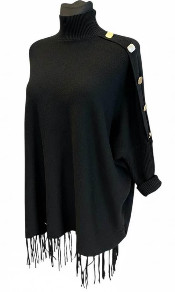 Ponchon kullanväriset napit ja hapsuyksityiskohdat korostettuna