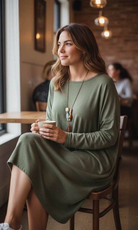 Khakinvihreä neulemekko väljässä mallissa