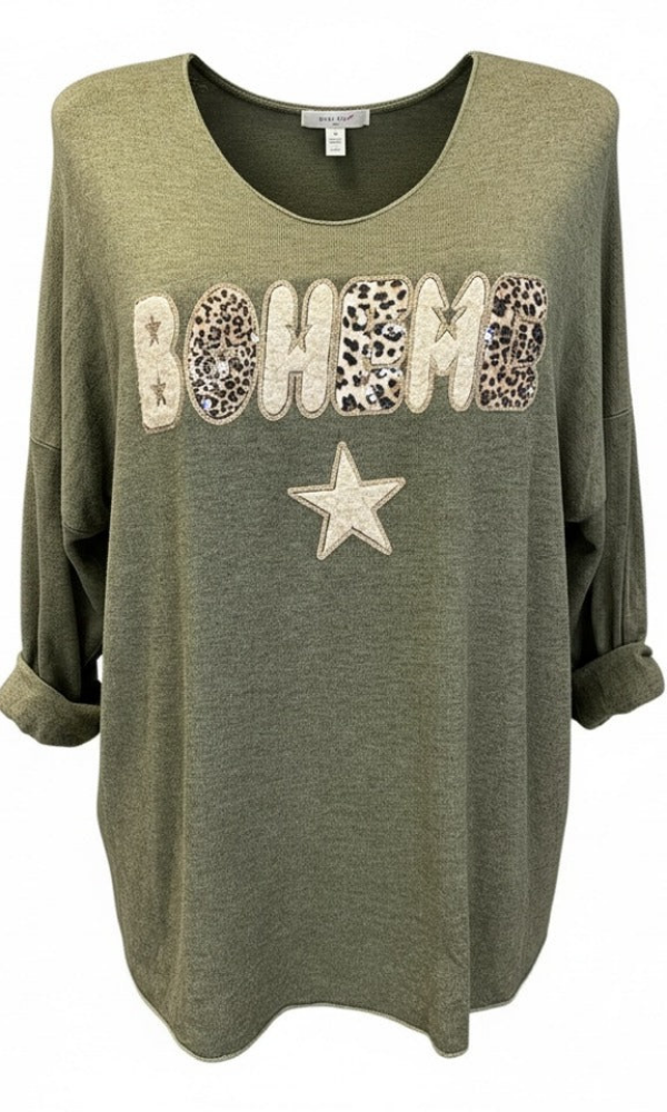 Väljästi laskeutuva vihreä neule Boheme-tekstillä