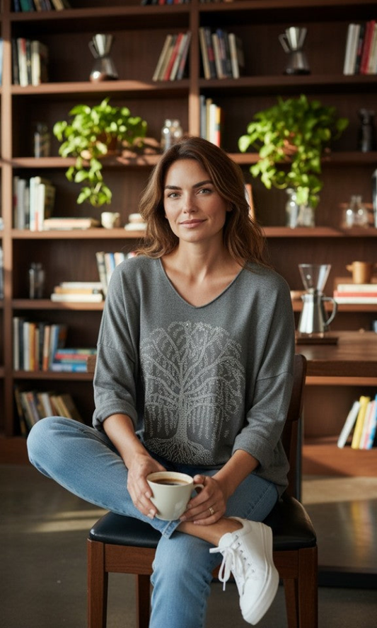 Harmaa elämänpuu pusero bling-kuviolla – pehmeä ja lämmin yläosa