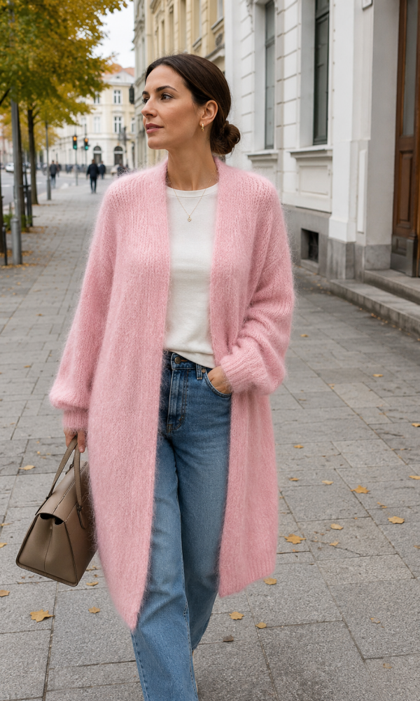 Vaaleanpunainen kid mohair pitkä neuletakki naisella kaupungilla syksyisessä katumaisemassa