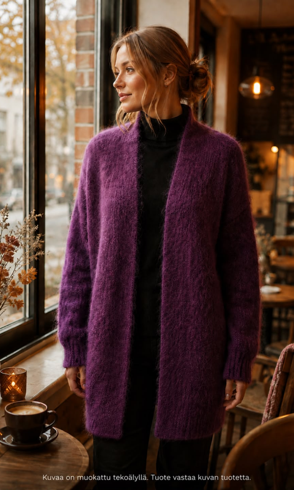Keskipitkä kid mohair neuletakki naiselle, pehmeä ja kevyt avoin malli luumu