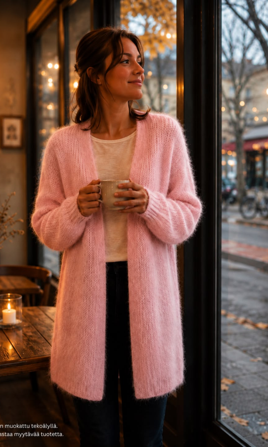 Kid mohair neuletakki naiselle, keskipitkä 102 cm malli viileisiin päiviin Väri vaaleanpunainen