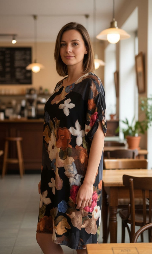 Musta kukkakuvioinen viskoosimekko 100 % viskoosia – ilmava ja tyylikäs naisten mekko.