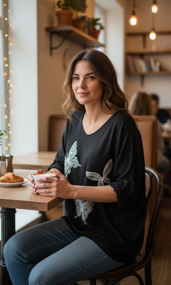 Perhoskuviollinen musta neule, jossa angora- ja villasekoite