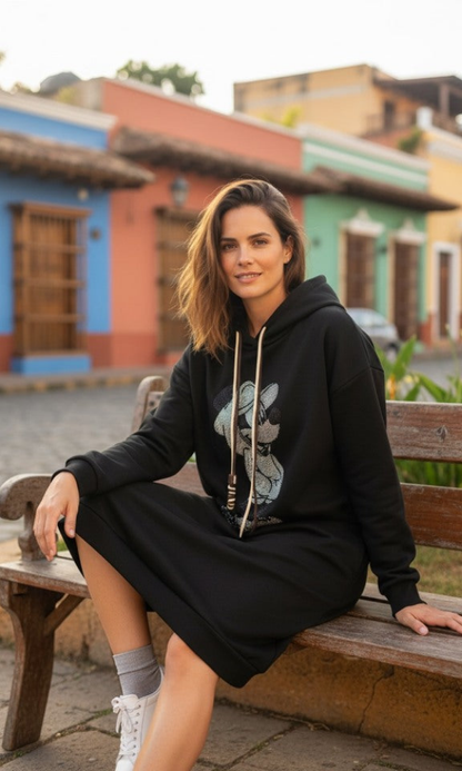 Säihkyvä Mikki college naisille – ruskea huppumekko pehmeästä materiaalista