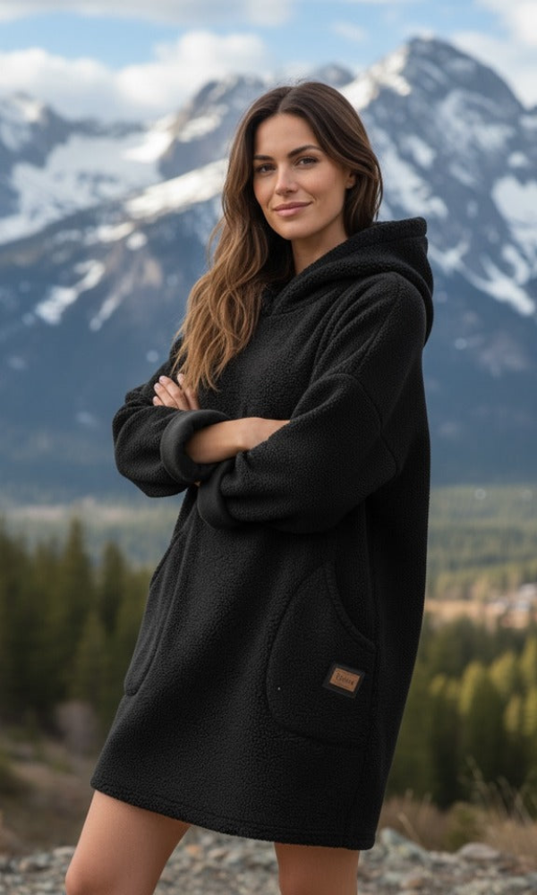 Musta pörröinen huppari taskuilla – lämmin ja väljä malli