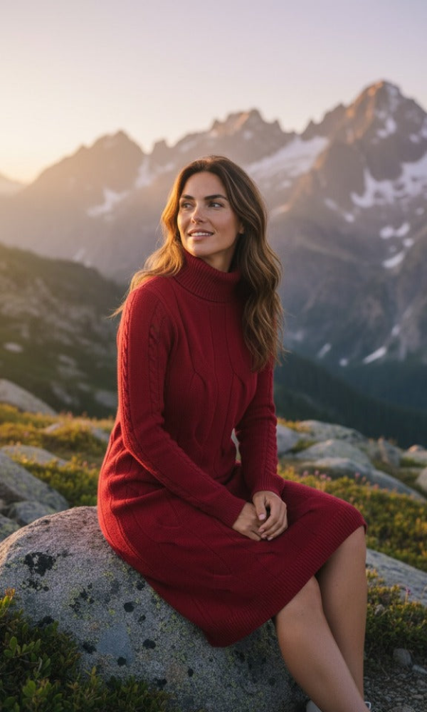 Punainen pitkä palmikkoneule, jossa korkea kaulus