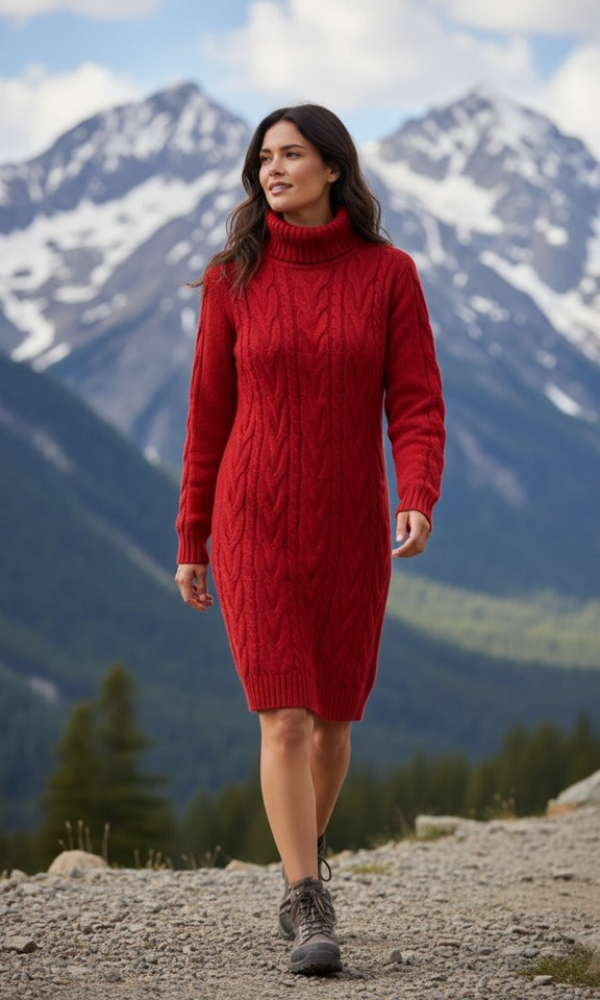 Punainen poolokaulusneule palmikkokuviolla vuoristomaisemassa