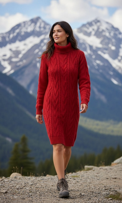 Punainen poolokaulusneule palmikkokuviolla vuoristomaisemassa