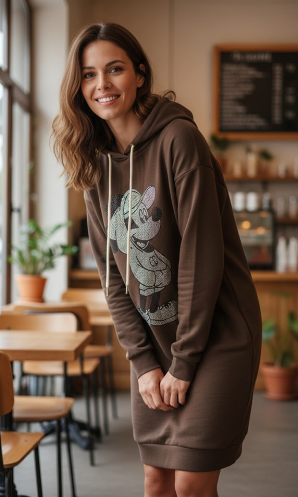 Naisellinen ruskea college, jossa säihkyvä Mikki-kuvio edessä